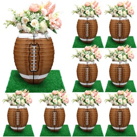 Rossesay 8 Pcs 12 Inches Football Table Centerpiece Paper Lantern with 8 Pcs Fake Grass Squares Football Centerpiece Decoration Set Paper Sports Ball Lantern Faux Grass Turf Patch Game Party Supplies