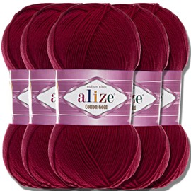 Alize 5 x 100 g Cotton Gold Batik, Turkish Premium Wool, Cotton and Acrylic Hand Knitting Yarn Baby Wool, Knitting Yarn with Accents, Accessory Baby for Crocheting, Knitting (Burgundy 57)