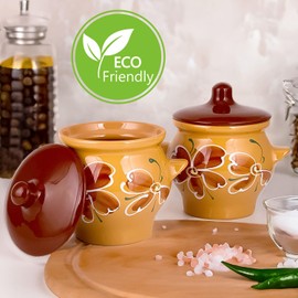 Clay Cooking Pot with Lid Handmade Beige Hand-Painted Clay Stoneware Baking Pot with Lid (0.7-Qt) Ceramic Cookware