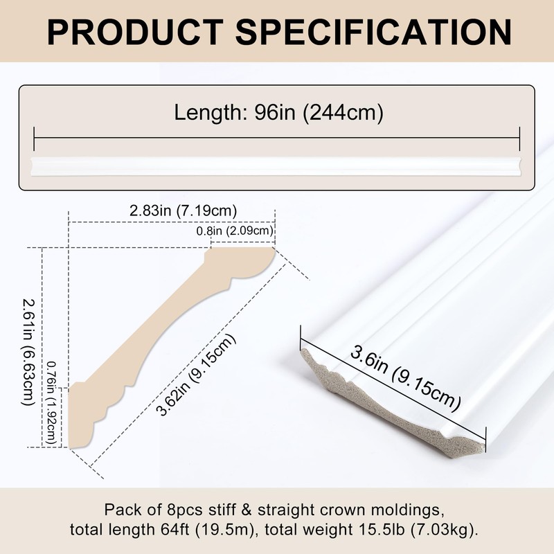 Hungbak Ceiling Crown Molding Trim for Home Decor, 96" Long