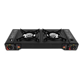 SNKOURIN 2 Burner Portable Butane Camping Stove, Dual Fuel Stove with Adjustable Burners, Automatic ignition Camping Stove with Butane & Propane Compatibility for Camping Home Backyard Cooking