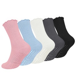 Darller 5 Pairs Pilates Socks with Grips for Women, Non Slip Cotton Ruffle Yoga Socks for Barre Workout Hospital, Light Color Series 5 Pairs