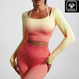 EROSEL 2 Piece Workout Sets for Women – Seamless Crop Top High Waisted Leggings Ombre Gradient Womens Workout Sets Gym Sets for Women Pilates Outfits Legging Set Lounge Comfy Sets (Orange/Yellow, S)