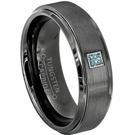 6mm Brushed Gunmetal Tungsten Carbide Wedding Band with 0.05ctw Princess Cut Blue Diamond Tungsten Ring - Comfort Fit Tungsten Anniversary Ring - RG Bezel