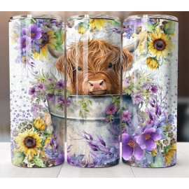 Handmade Highland Cow Flowers In Pail Tumbler 20oz Travel Mug Stainless Steel Cup Straw