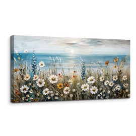 SERIMINO Large Wall Art for Living Room, Coastal Landscape Wall Decor, Beach Daisy Canvas Prints Farmhouse Decor, Wildflowers Bathroom Pictures Home Decor Aesthetic, Dining Room Kitchen Artwork 24"X48"