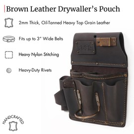 FESA Leather Drywaller's Tool Pouch - 10-in-1 Heavy Top Grain Leather Drywall Pouch with Steel Hammer Loop & Tape Measure Clip - Leather Tool Pouch Fits Belts up to 3" - Handcrafted (Brown)