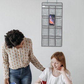 Ipetboom Classroom Pocket Chart Organizer - 12 Chair Pockets and 2 Hooks Cell Phones Calculator Holder Hanging Over The Door Anchor Chart Holder for Jewelry Calculators Small Accessories, Grey