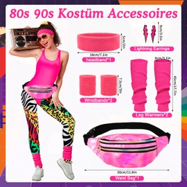 80s 90s Outfit Women's Retro Tracksuit Workout Costume 80s Clothing Accessories Women with 80s 90s Clothes Leggings Bum Bag Headband Leg Warmer for Carnival Fancy Dress Theme Party Costume, pink