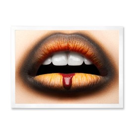 DesignQ Female Lips With Black & Orange Lipstick Modern Framed Wall Art