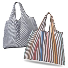 GOKEI Eco Bag, 2 Piece, Large Volume 19.7 x 26.4 inches (50 x 67 cm), Foldable, Shopping Bag, Waterproof Material, Storage, Water and Dirt Resistant, Lightweight, Compact, Stripe, XL