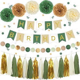 Sage Green Happy Birthday Party Decorations Retro Green Nude Ivory Dark Olive Kraft Paper Banner Balloons Neutral Rustic Boho Blush Safari Botanical Greenery Wild Décor Supplies Women Adults