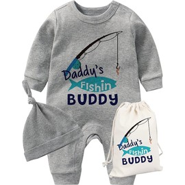 culbutomind Baby Twins Romper Daddy Fishing Buddy Fun Newborn Bodysuits Boys Girls Gift Short Sleeve Twins Clothing with Hat, Gray Daddy Fishing