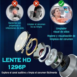 18 Piezas Limpiador de Oídos, Camara 1296P y Luz Eliminación de Ear Wax, Herramienta de Eliminación de Cera de Oídos, Kit de Eliminación de Cera de Oídos Compatible con ios y Android-Negro