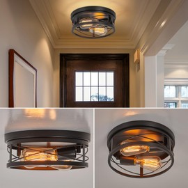 foucasal Farmhouse Ceiling Light Fixture Black Flush Mount Ceiling Light 2-Light Industrial Metal Cage Ceiling Lights for Hallway, Foyer, Kitchen, Dining Room Bedroom Living Room Laundry