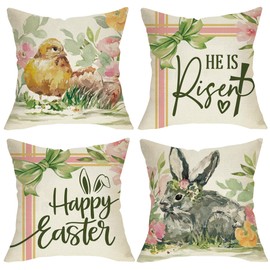 Fjfz Happy Easter Bunny Chick Decorative Throw Pillow Covers 18 x 18 Set of 4, He is Risen Chicken Rabbit Christian Cross Porch Outdoor Home Decor, Religious Spring Flowers Vintage Couch Cushion Case