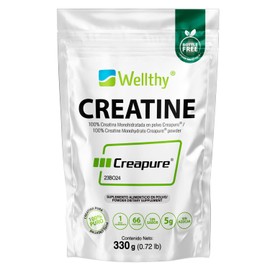 Wellthy Creatina Monohidratada Creapure® 330g. 100% Pura. Solo 1 Ingrediente Creatina Alemana Creapure®. Vegana, Sin Azúcar, 66 porciones, 5g por porción, Incluye Scoop. Pure. Proven. Perfect.