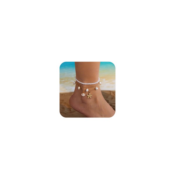 Shell Ankle Bracelets Set for Women Boho Bead Pearl Adjustable