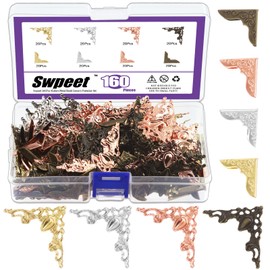 Swpeet 160Pcs 4 Colors Metal Book Corners Protector, 8 Styles Vintage Antique Book Scrapbooking Protector for Scrapbooking Photo Angle Book Menus Cover
