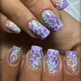 Purple Flower Press on Nails French Tip Fake Nails Short Square Acrylic Nails Full Cover False Nails with Spring Floral Design Reusable Glue on Nails Cute Stick on Nails for Women Girls 24Pcs
