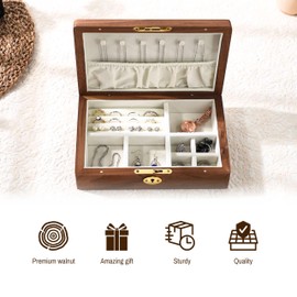 EURIELK Wooden Jewelry Box for Women, Lockable Medium Size Natural Solid Walnut Wood Girls Vintage Trinket Organizer with Large Storage, Ring Compartments, Built in Necklace Hooks, ek09-m-walnut