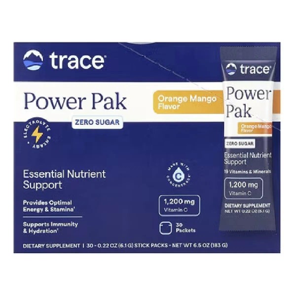 Trace Minerals Power Pak Cero Azúcar 30sachets, 183g Sabor Naranja-mango