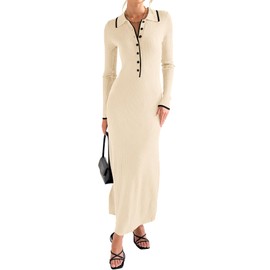 Langwyqu Womens Knit Long Sweater Dress Button V Neck Collared Long Sleeve Ribbed Bodycon Pullover 2024 Fall Maxi Dresses Beige