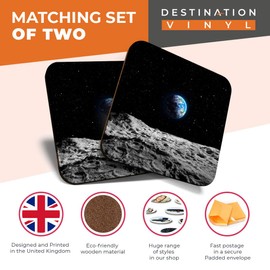 Great Coasters (Set of 2) Square/Glossy Quality Coasters/Tabletop Protection for Any Table Type - Planet Earth Space NASA Moon Blue #24374