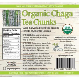 Organic Chaga Mushroom Tea Chunks by My Berry | 100% Canadian Wild-Harvested | Additive-Free Caffeine-Free Herbal Tea | 6oz