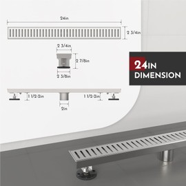 WEBANG 24 Inch Linear Shower Drain Rectangular Floor Drain with Accessories Capsule Pattern Cover Grate Removable SUS304 Stainless Steel CUPC Certified Brushed