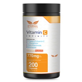 VITAMIN C INFINTIY GLUTATION 200 capsulas (770mg por porcion) Complejo de Vitamina C con Glutation, Zinc y Flavonoides, by Eternal Nutrition - Ingredientes Naturales Premium de USA