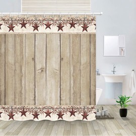 Rusitc Wood Boards Shower Curtain, Western Texas Star and Primitive Berries on Country Wooden Plank Bath Curtains, Polyester Fabric Bathroom Country Barn Farmhouse Shower Curtain 12PCS Hooks, 69X70IN