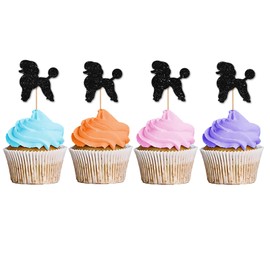 Poodle Cupcake Toppers, Puppy Birthday Cupcake Toppers, Pet Dog Themed Dessert Picks, Little Puppy/Poodle Birthday Party Decoration - Black Glitter