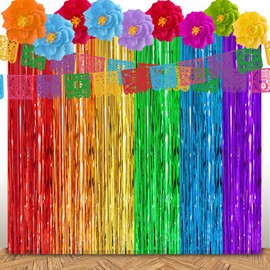 13 Pcs Mexican Party Decoration Set Tissue Paper Flowers Fiesta Papel Picado Banner Foil Fringe Curtains Backdrop Mexico Fiesta Party Decorations for Cinco De Mayo Decor