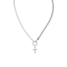 Delight Jewelry Silvertone Simple Plain Small Cross Stronger Braver Smarter Mixed Cable and Imitation Pearl Chain Choker Necklace, 14.75-17"