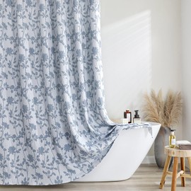 OVZME Blue Floral Shower Curtain 72 Inch Length, Crinkled Textured Thick Bathroom Shower Curtain Hotel Quality, Farmhouse Minimalist Bath Decor, Machine Washable, 72Wx72L Inches