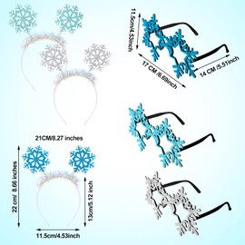 6 Pieces Christmas Snowflake Headbands Snowflakes Frame Glasses Set Included 3 Pieces Glitter Snowflake Boppers Headbands Elastic Tinsel Hairbands 3 Pairs Glitter Snowflakes Eyeglasses for Party Favor