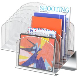 Delifox Inclined Desk File Organizer, 5-Section Vertical File Folder Holder Stand Metal Rack File Sorter for Office Classroom Desktop Organization (Silver, 2Pack)