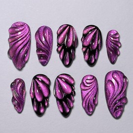 24Pcs Purple Press on Nails Medium Almond Fake Nails with 3D Butterfly Wings Water Drop Designs Stick on Nails Glitter False Nails Full Cover Cool Acrylic Nails Black Purple Glue on Nails for Women