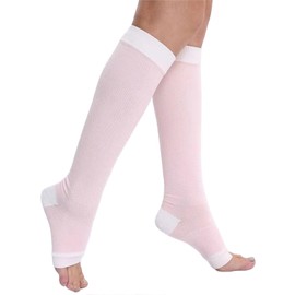 Dress Cici Open Toe Compression Socks for Women, Nylon Knee High Long Socks Toeless Small Size (3 Pairs: Beige+Black+Pink), Asia Size S