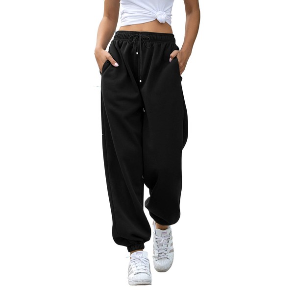 Kyerivs Girls Sweatpants Fashion Cute Tall Sporty Pants Comfortable Womens Cotton Joggers with Pockets Yoga Lounge Trousers Black X Large