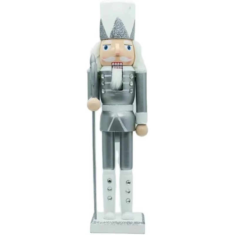 SHATCHI 25cm Silver/White Glitter Wooden Christmas Nutcrackers - 3pcs Set
