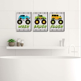 Big Dot of Happiness Smash and Crash - Monster Truck - Boy Kids Bathroom Rules Wall Art - 7.5 x 10 inches - Set of 3 Signs - Wash, Brush, Flush
