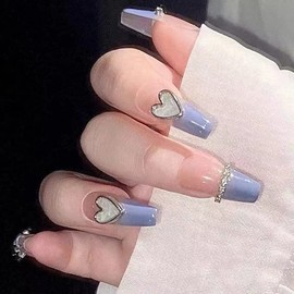 CEBOIC Stick-on nails, handmade French tip press on nails, 10 pieces hand-painted reusable artificial nails, pink blue with heart pendants for girls and women, 10 pieces nail studio set, complete