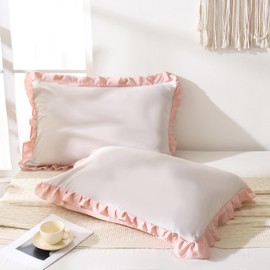 Herside Beige Pink Ruffled Pillowcase 2pcs Rustic Ruffle Fringe Design Girls Reversible Pillow Cover (Beige Pink, 50x75cm)