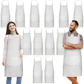 Jeffbaubl Pack of 12 Cooking Aprons, Adjustable Apron with 2 Pockets, Adjustable Neck Strap Apron, Unisex Chefs Apron for Kitchen, Cooking, Baking, Restaurant, Café, White