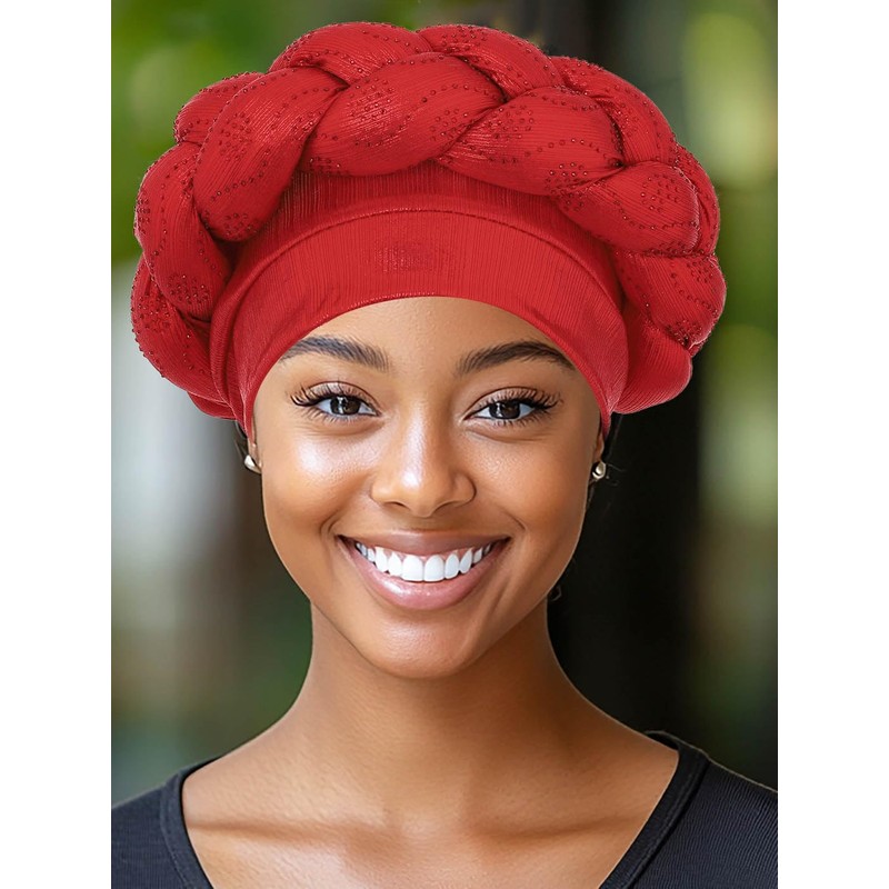 Woeoe African Turban Head Wrap Red Braid Beanie Cap Headwear