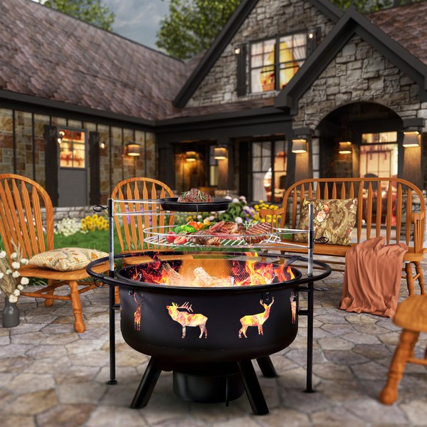 NATURAL EXPRESSIONS 32 Inch Fire Pits Outdoor Wood Burning Firepit with Cooking Grate Large Steel Firepit Bowl With 2 adjustable Swivel BBQ Grill for patios and bonfires Includes Poker & Fire Pit Cove