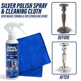 SUPER SPARKLE Silver Polish Cleaner Spray  8 Oz - Instant Tarnish Remover - Spray and Blue Cloth