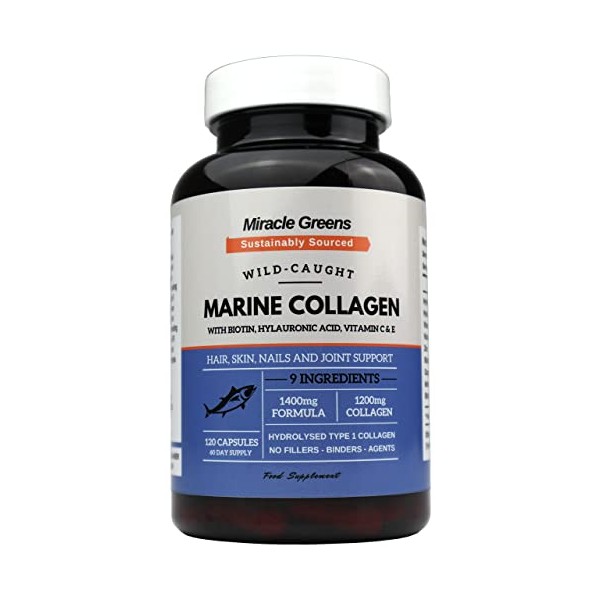Marine Collagen 1400mg | 120 Capsules with Biotin, Hyaluronic Acid, Vitamin C, E, B2, Zinc, Copper & Iodine | Hydrolysed Type 1 Collagen for Skin, Hair, and Joints | from Sustainable North Sea Fish
